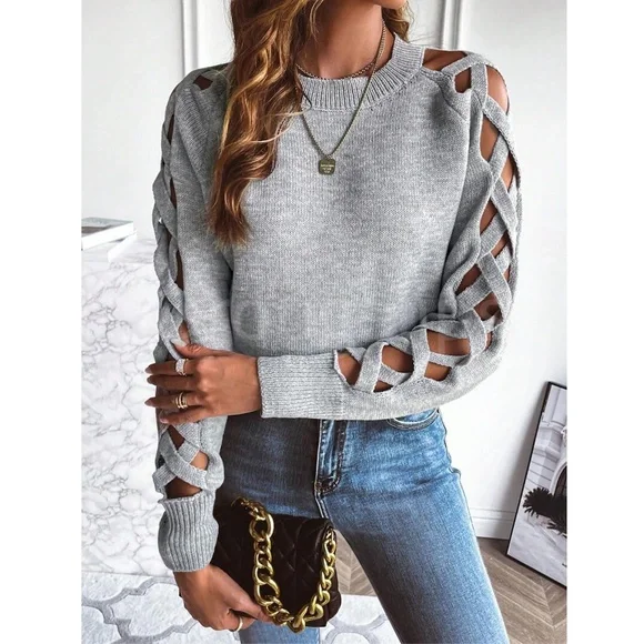 Gray Knit Criss Cross Straps Cut Out Sleeve Sweater Pullover - Picture 6 of 11